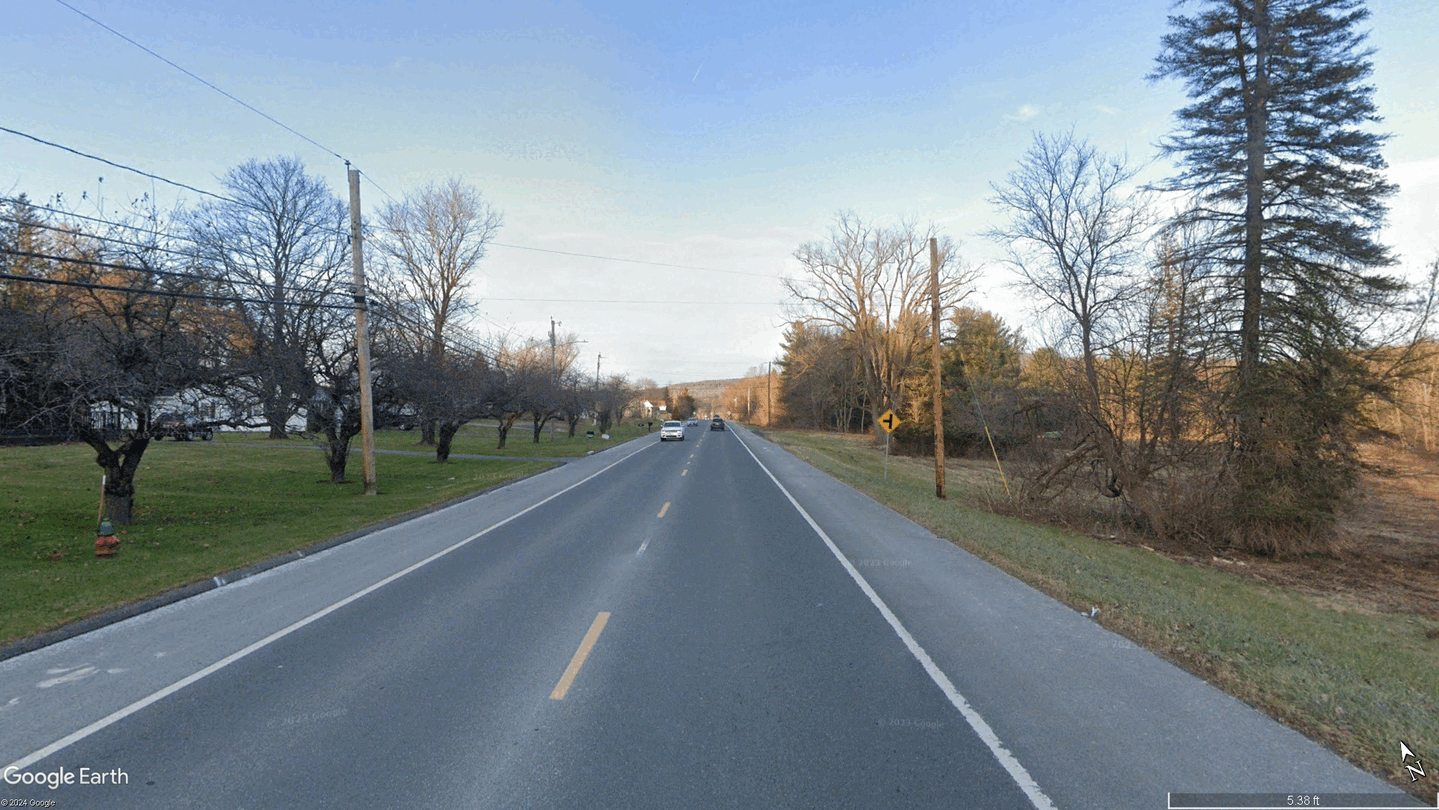 A before-and-after .gif showing what Route 102 in South Lee, MA could look like after regrading and a new layout applied with the same overall footprint.