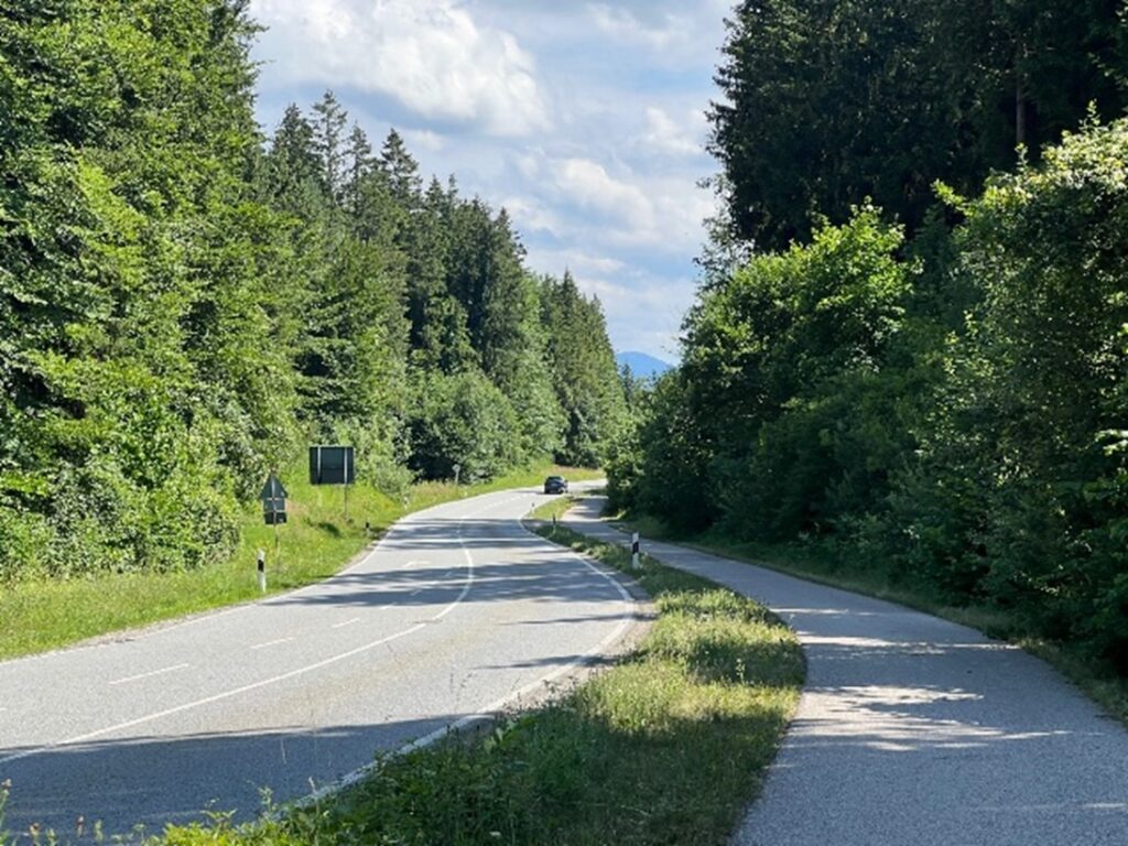 A rural stretch of highway in southern Bavaria with full separation for bicycles and pedestrians from motorists.